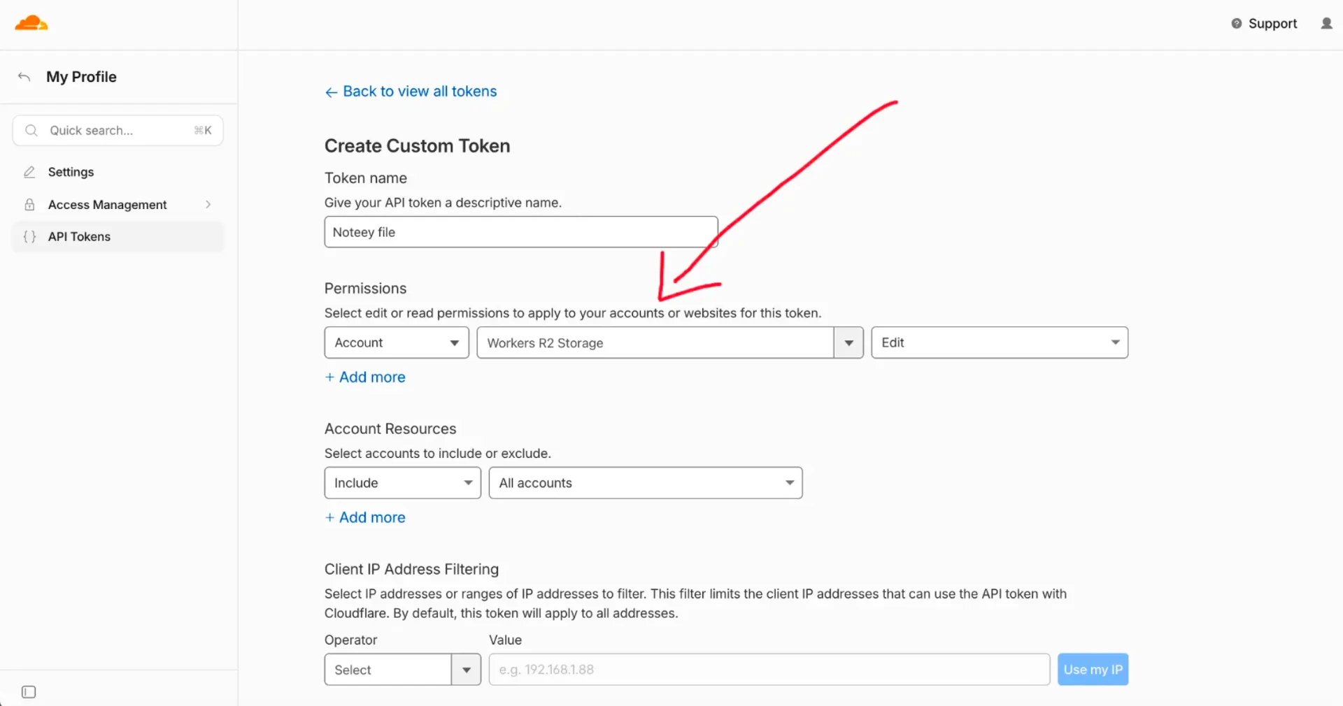 Cloudflare custom API token permission settings