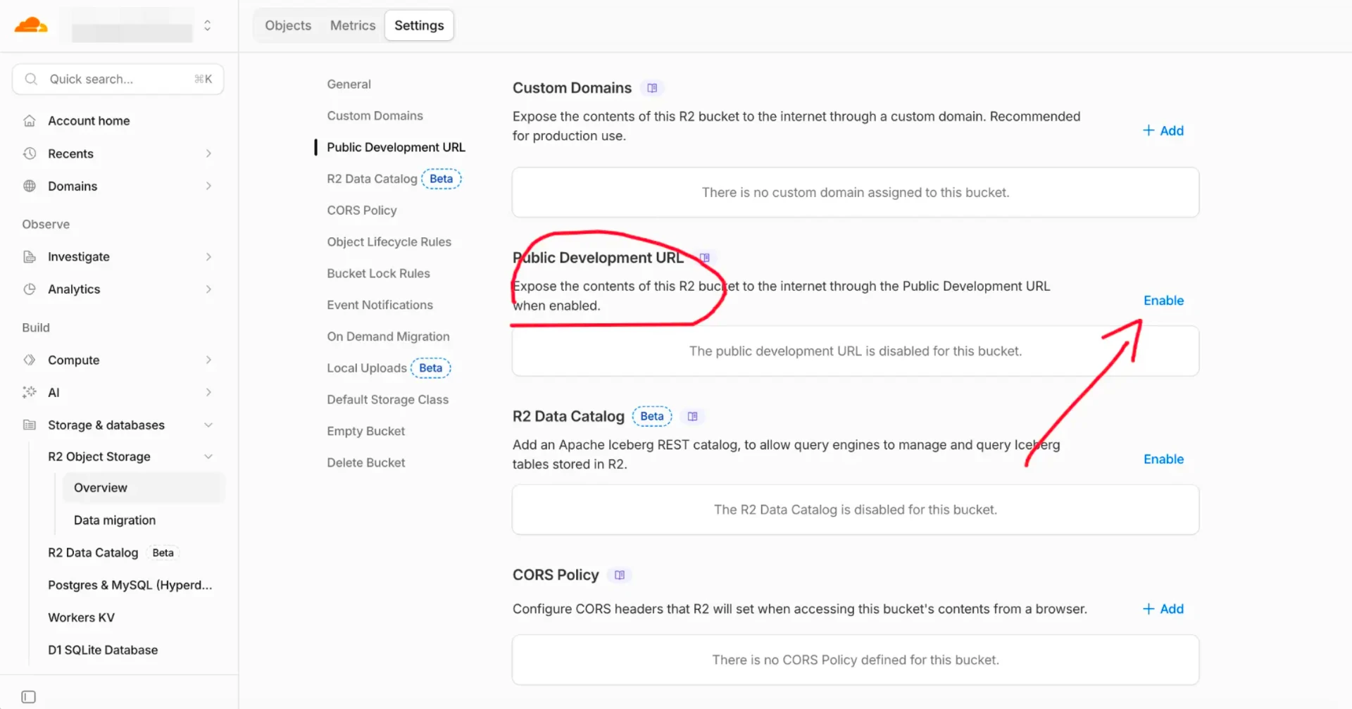 Public Development URL toggle in Cloudflare bucket settings