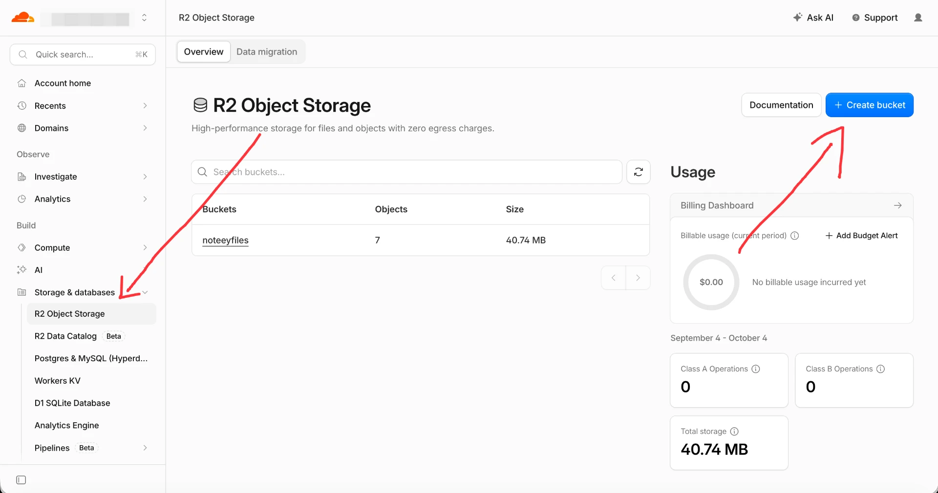 Cloudflare R2 Object Storage overview with the Create bucket button